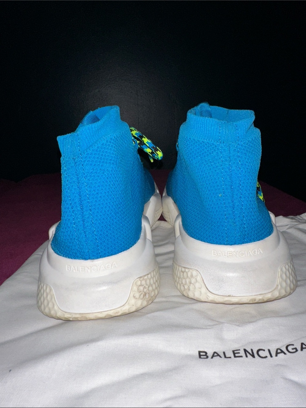Balenciaga Turquoise Knit Speed Trainer Sneakers with Neon Laces - Picture 5 of 13